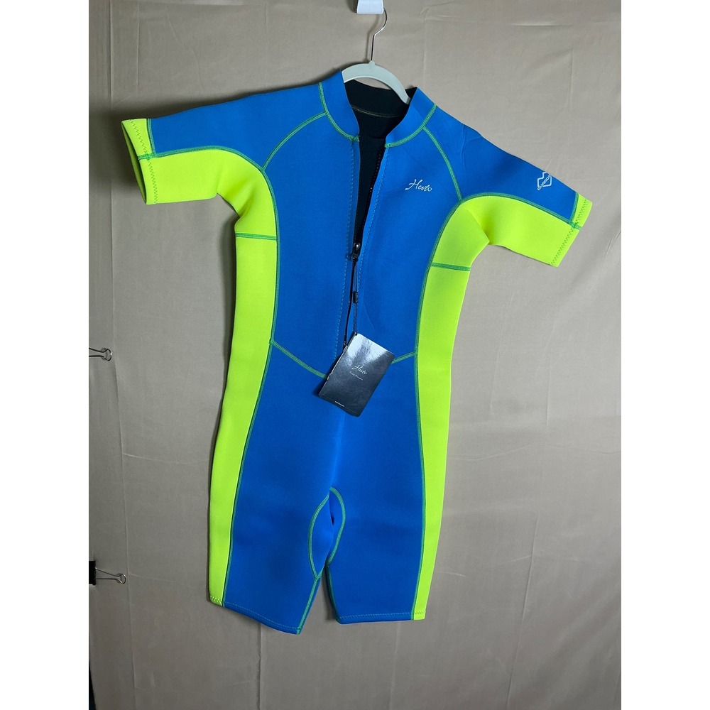 Hevto Kids Wetsuit Shorty 2mm Neoprene Front Zip Blue Neon Yellow Size 16 NEW